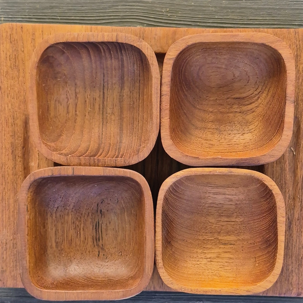 1970s Natural Brown Monkey Pod Wood Teak Square Tray & 4 Nesting Serving Bowls